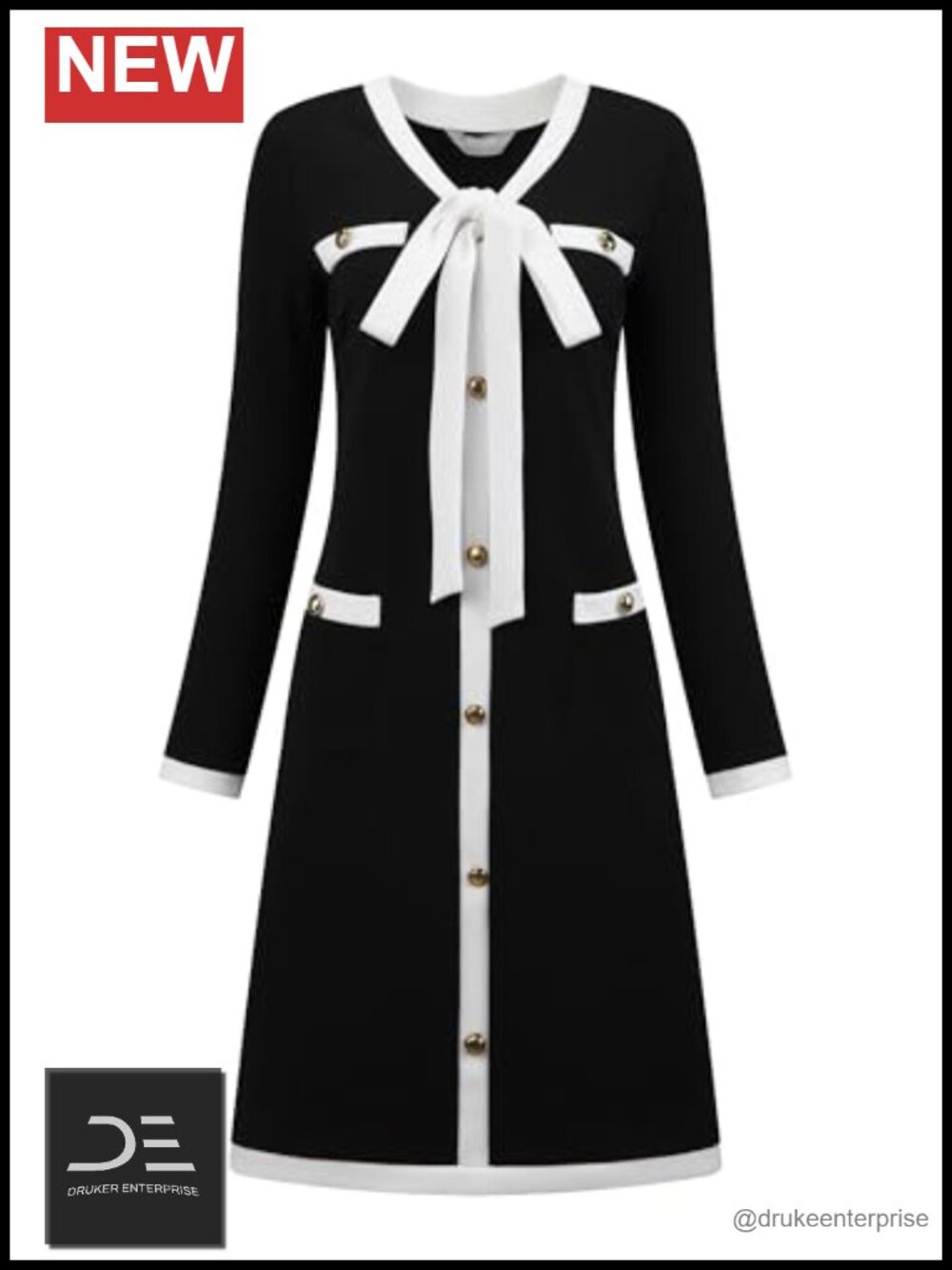 Elegant A-Line Midi Dress Contrast Color V Neck Long Sleeve Work Office